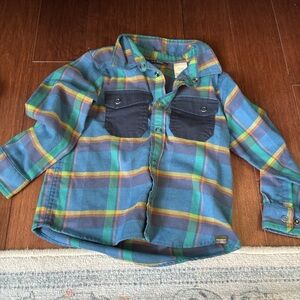 LL Bean Blue & Green Plaid Snap Camp Shirt with Navy Pockets